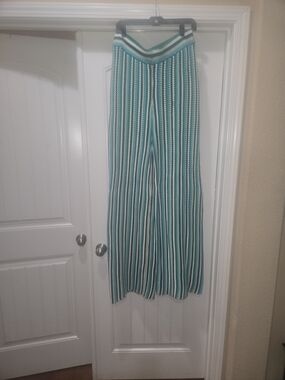 Intempo Striped Boot-Cut Knit Pants in Teal and White Size L EUC